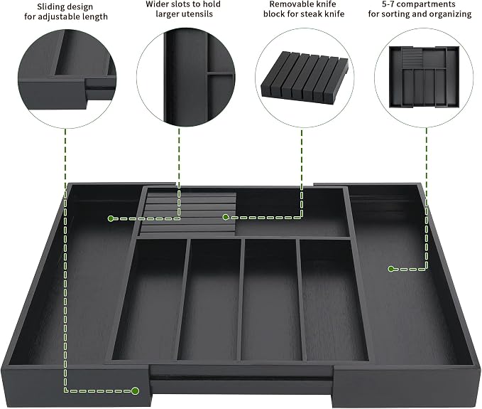 VaeFae Bamboo Silverware Drawer Organizer, 7 Slots, Black | Cutlery Tray with Removable Divider, Flatware Storage, 43 cm D x 32-55 cm W, 5-7 Slots, Black - Image 4