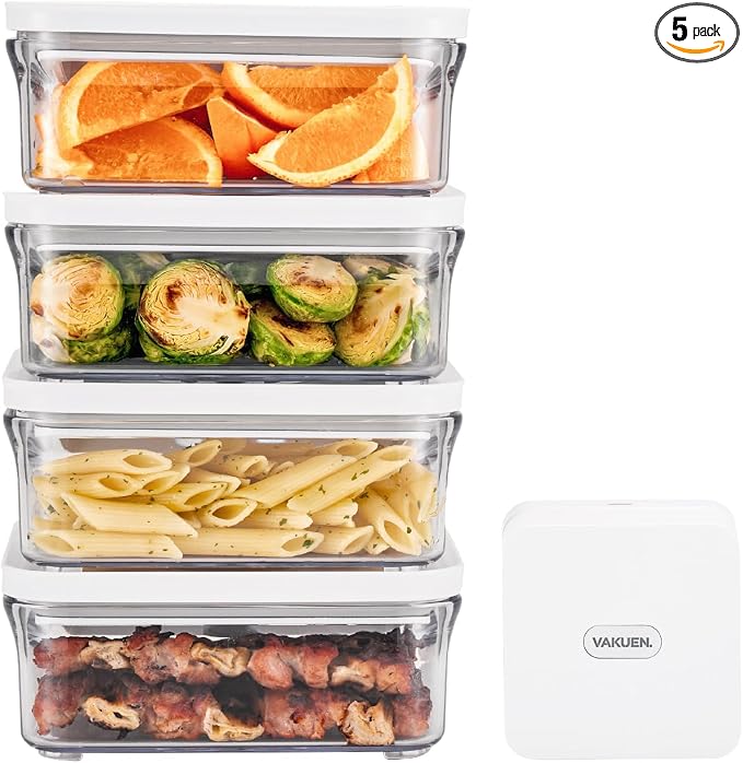 VAKUEN Premium Airtight Food Storage Container. Meal Prep 0.85qt 5pc/Set. 4pcs Container and Vacuum Sealer. Patented Double Silicone Lining, 100% Leak Proof, BPA-FREE by Vakuen