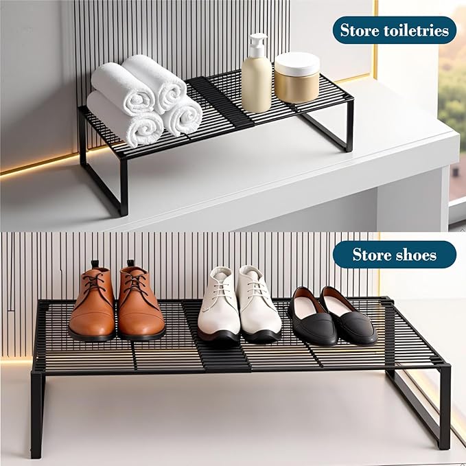 Extendable Metal Wire Shelf Organizer - Adjustable 15-24.4in Length, Stackable Storage Rack for Kitchen/Pantry/Bathroom/Shoe Cabinet/Tool Closet (1,Black) - Image 7