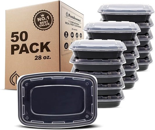 Freshware Meal Prep Containers [50 Pack] 1 Compartment with Lids, Food Storage Containers, Bento Box, BPA Free, Stackable, Microwave/Dishwasher/Freezer Safe (28 oz) by Freshware