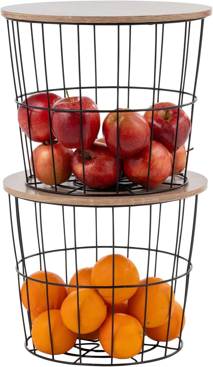 IRIS USA Round Wire Basket with Wooden Lid, 2 Pack | Living Room Bathroom Kitchen Storage, Water Resistant Surface by IRISUSA