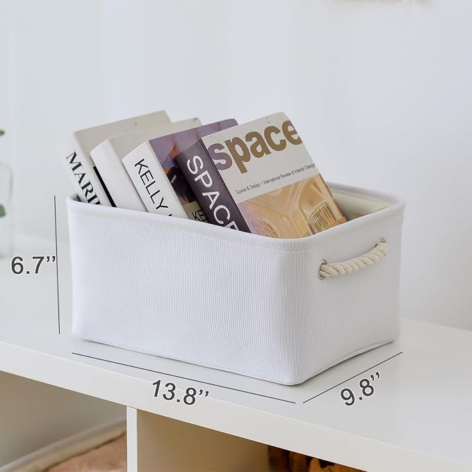 Decorative Basket for Organizing - Medium-1Pack 13.8L*9.8W*6.7H Rectangular Fabric Storage Bin Organizer Basket with Handles for Clothes (White) - Image 5