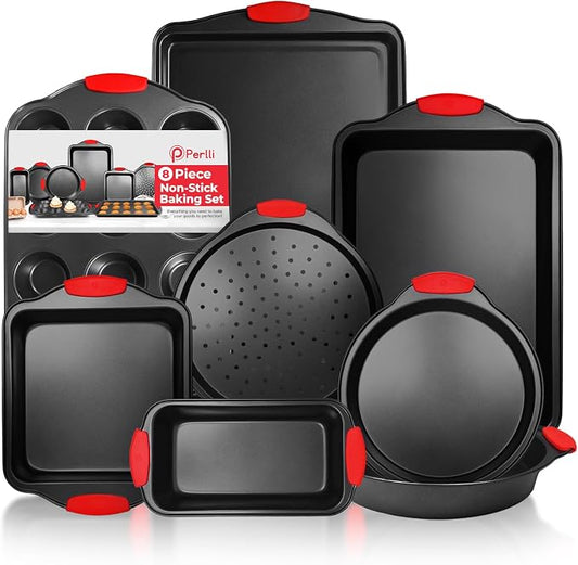 Non-Stick 8-Piece Baking Pan Set, BPA-Free Carbon Steel Bakeware Set with Silicone Handles, Stackable Kitchen Oven Set, Cookie Sheet, Baking Tray, Baking Sheet Set, Oven Safe (446°F) by PERLLI