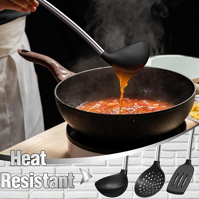 Umite Chef Thickened Kitchen Utensils Set- Silicone Cooking Utensils Set for Nonstick Cookware-Silicone Spatulas Set, Heavy Duty Stainless Steel Handle-Black Kitchen Gadgets Tools Set - Image 6
