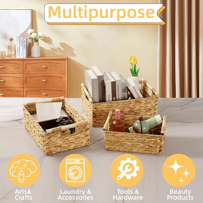 Wicker Storage Baskets for Organizing 3 Pack,Natural Water Hyacinth Ratten Baskets with Wooden Handles, Decorative Handwoven Storage Baskets for Shelves, Bathroom, Pantry or Kitchen - Image 4
