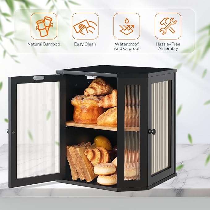 HOOBRO Bread Box, Bamboo Bread Box for Kitchen Countertop, 2-Tier Corner Bread Box, Large Capacity Bread Bin, Food Storage Box, Bread Storage Container for Kitchen, Dining Room, Black BK12MB01 - Image 6
