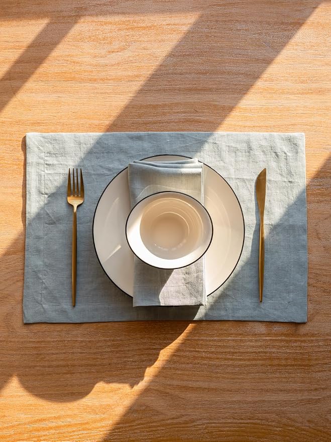 KNOKNO Home Pure Hemp Placemats 18 x 12 Inch Set of 4 Handcrafted with Mitered Corners Natural Fabric,Machine Washable Table Mats for Dining Tables (Stone Blue, Placemats | Set of 4) - Image 5