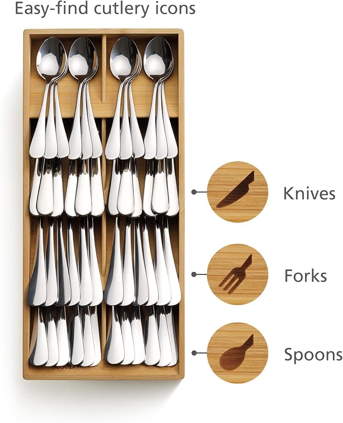 Joseph Joseph Drawer Store Large Compact Flatware, Silverware, Cutlery Drawer Organizer, 8 compartments, Holds 48 Pieces, Bamboo - Image 2