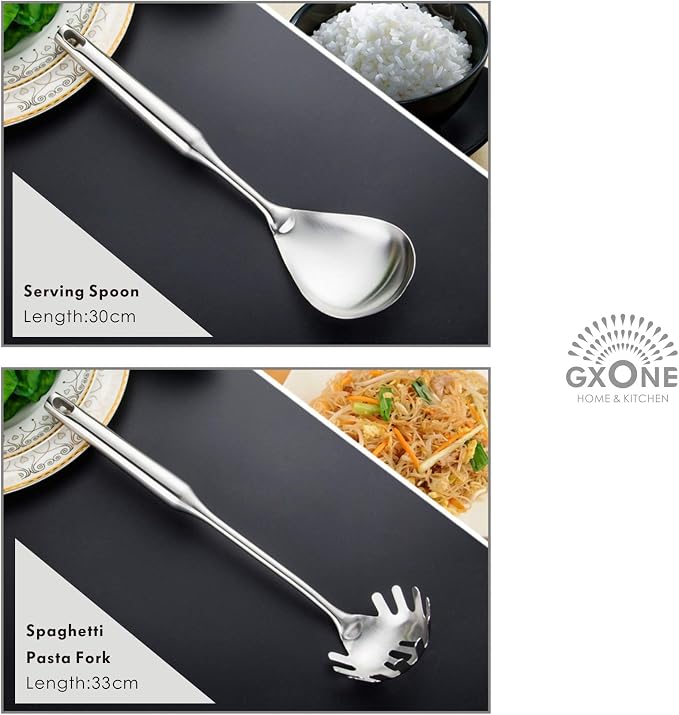 Cooking Utensils Set,6 PCS with Utensils Holder,304 Stainless Steel | Round handle,For kitchen cooking,Includes: wok spatula, soup ladle, slotted spoon, Spaghetti spoon, Utensils Holder - Image 3