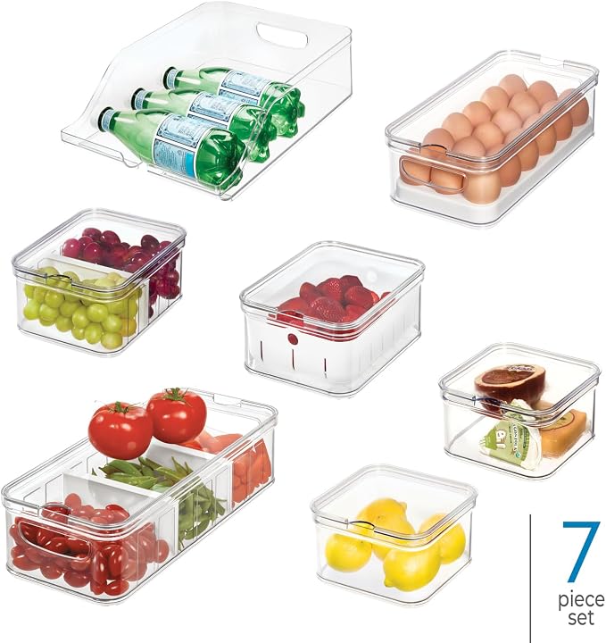 iDesign Crisp 7-Piece Recycled Plastic Refrigerator Organizer Bin Set with Lids, Clear/White - Image 2