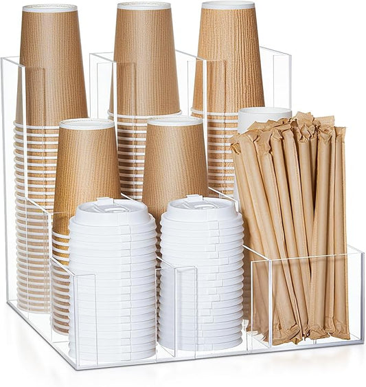 CroBlissful Acrylic Vertical Coffee Cup and Lid Dispenser, Coffee Condiment Organizer, 9 Compartment for Disposable Paper & Plastic Cup, for Cabinet Station Home Countertop Bar 13''l x 13''w x 12''h by CroBlissful