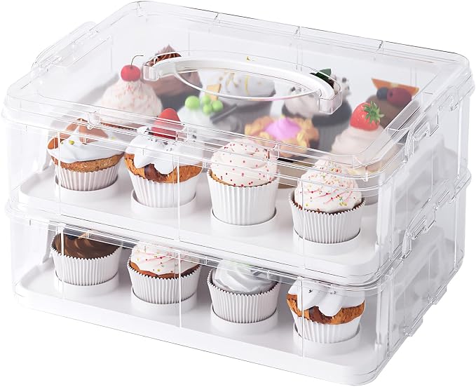 Two Tier Cupcake Carrier, White Stackable Cupcake Holder Carries for 24 Standard-Size Cupcakes, Reusable Detachable Cupcake Box by ClikKeep