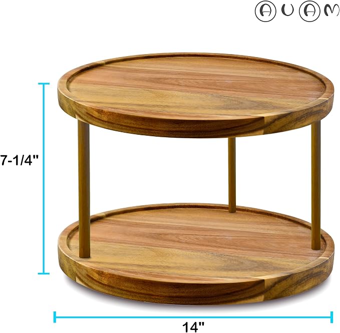 14" Two-Tier Acacia Wood Lazy Susan Organizer Kitchen Turntable for Cabinet Pantry Table Organization - Image 3