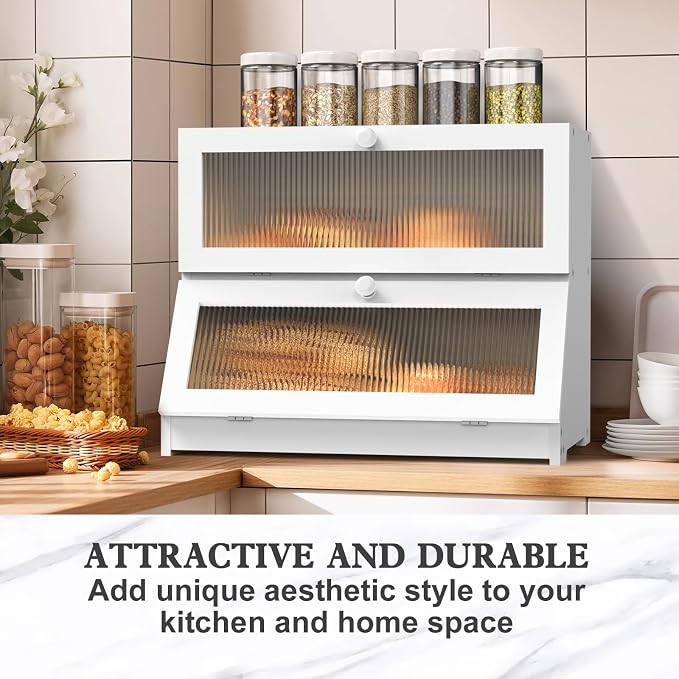 LOHASOK Bread Box for Kitchen Countertop,White | 2-layer, Bamboo, Large, Farmhouse Bread Container Holder Storage, Acrylic translucent window - Image 6