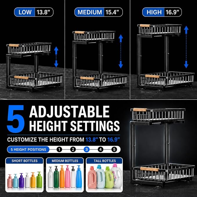 Under Sink Organizer 2 Pack, Double Slide Out Metal Shelf, Black | Pull Out Kitchen Storage Cabinet Organizer, 2-Tier Under Sink Storage Rack for Bathroom Laundry Kitchen Storage with Drawer - Image 9