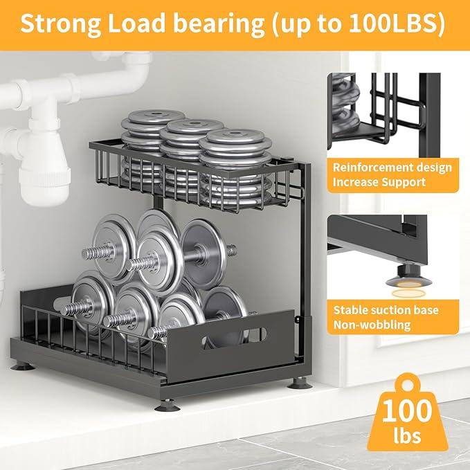 L-Shaped Under Sink Organizer, 2-Tier Pull-out Cabinet Rack 1-Pack | Black Height-Adjustable Steel Rack, Sliding Grid Drawers with PP Liners, Holds 100 Lbs, Suction Base, Ideal Kitchen Storage - Image 5