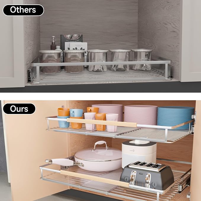 Expandable Pull Out Cabinet Organizer, 23.2"-39.9" W x 22.5''D | 1Pack, Stainless Steel Slide Out Drawers, Heavy Duty Drawer Slides, For Kitchen Pantry Cupboard Pots Pans, Adjustable Width - Image 4