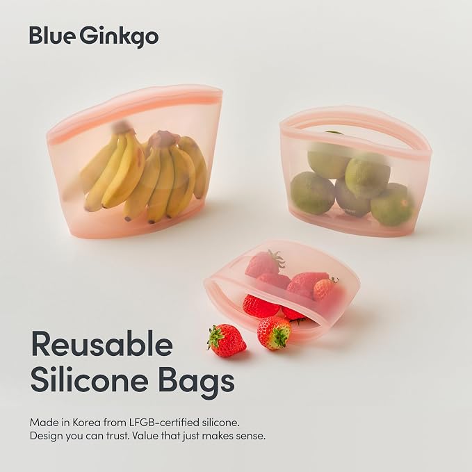 Blue Ginkgo Silicone Food Storage Bags, 3-Pack, Reusable, Made in Korea | Leakproof. Stand Up. Freezer and Dishwasher Safe. (Peach) - Image 2