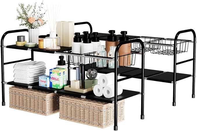 HCSH&WILL 2 Pack Under Sink Organizer, 2 Tier Expandable Black Under Cabinet Storage Shelf with 6 Removable Panels and 2 Baskets, Expandable Shelf for Cupboard, Kitchen, Bathroom, Shoe Rack by Unknown
