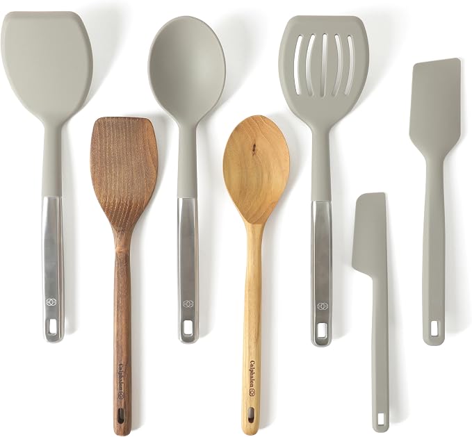 Calphalon Prime 7-Piece Silicone and Teak Wood Kitchen Tool Set, Stainless Steel Kitchen Utensil Set, Kitchen Spoon And Spatula Set, Heat Resistant Non-Slip Kitchen Gadgets Set - Taupe by Unknown