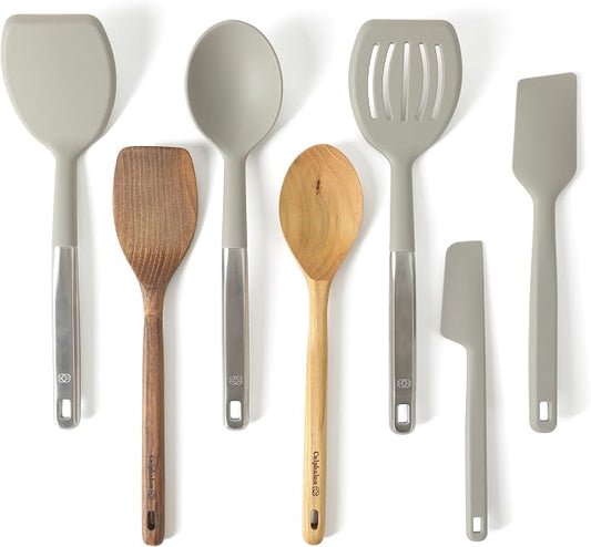 Calphalon Prime 7-Piece Silicone and Teak Wood Kitchen Tool Set, Stainless Steel Kitchen Utensil Set, Kitchen Spoon And Spatula Set, Heat Resistant Non-Slip Kitchen Gadgets Set - Taupe by Unknown