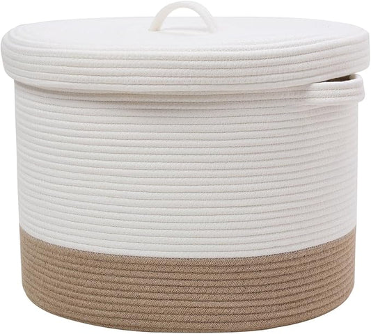 20x15 Inch Extra Large Round Cotton Rope Storage Basket with Lid, Decorative Woven Bin with Cover for Living Room Bedroom Closet, White & Jute by Cottonphant