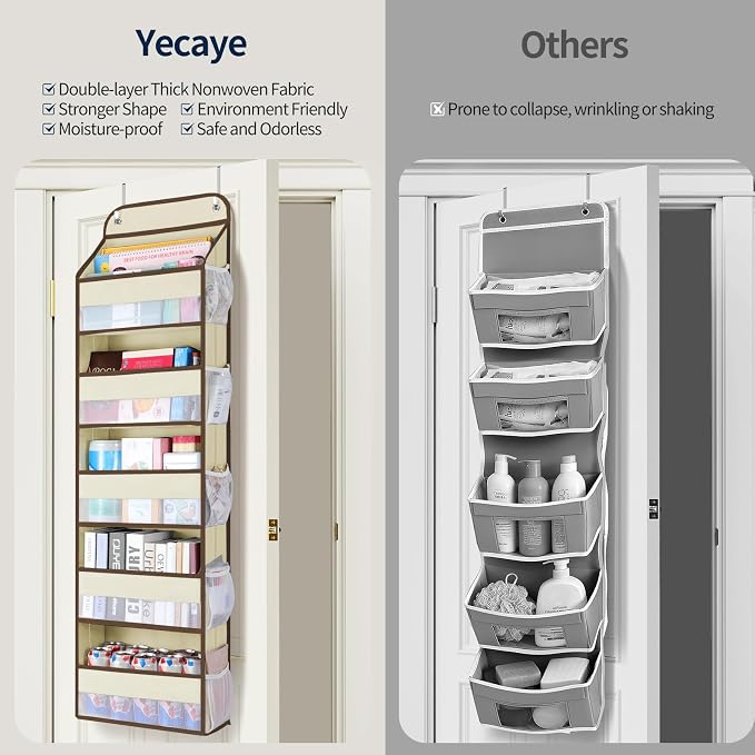 Yecaye Over The Door Organizer Storage, 5-Tier Heavy Duty Door Organizers Hanging with 10 Side Mesh Pockets, 44 lbs Load Capacity Behind Door Storage for Bathroom Nursery Bedroom Dorm Closet,Beige,1Pc - Image 6
