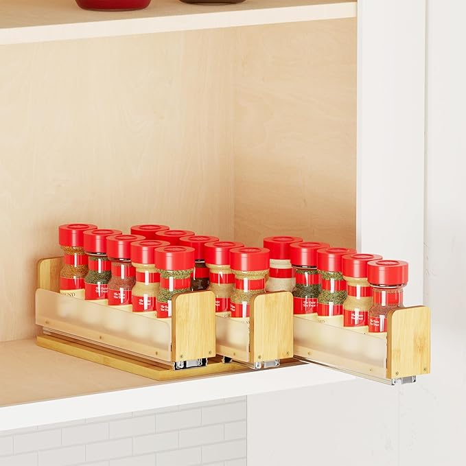 SpaceAid Bamboo Pull Out Spice Rack Organizer for Cabinet, Heavy Duty Slide Out Seasoning Kitchen Pantry Sliding Vertical Organization, 7.6" Wide, 3 Drawers(2" Wide), 1-Tier, Natural by SpaceAid
