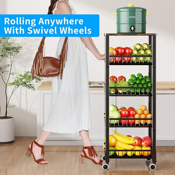 Fruit Vegetable Storage Basket for Kitchen, 5 Tier Large Pull-Out Metal Wire Baskets with 4 Pack Mats Bottom, Wood Top and Wheels, Vegetable Produce Bins Stand Cart Rack for Onions and Potatoes - Image 6