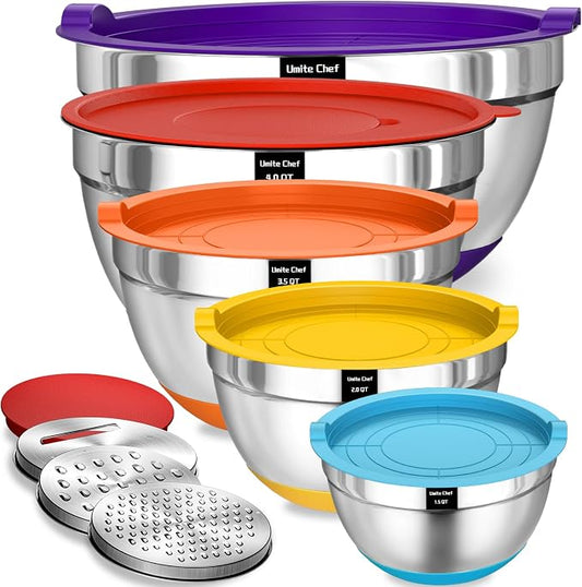 Umite Chef Mixing Bowls with Airtight Lids Set, 8PCS Stainless Steel Nesting Bowls Set, 3 Grater Attachments & Non-Slip Bottoms, Size 5, 4, 3.5, 2, 1.5QT for Baking & Mixing(Colorful) by UmiteChef