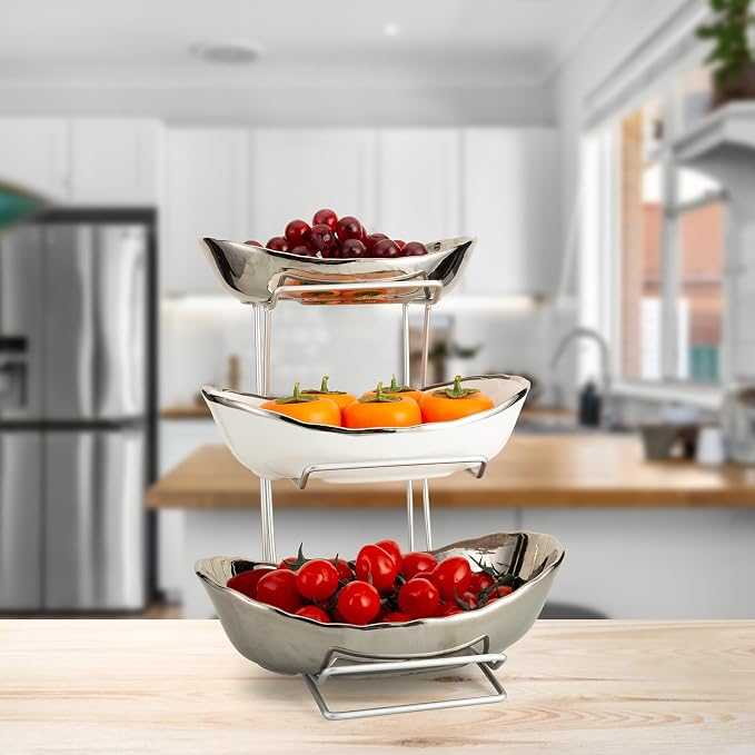 3 Tier Ceramic Fruit Bowls for Kitchen Counter with Metal Rack, Fruit Basket with Stand, Porcelain Bowls for Fruit Vegetable Bread Candy Snack Nuts (Silver and White Bowl-Silver Rack 3 Layer) - Image 2