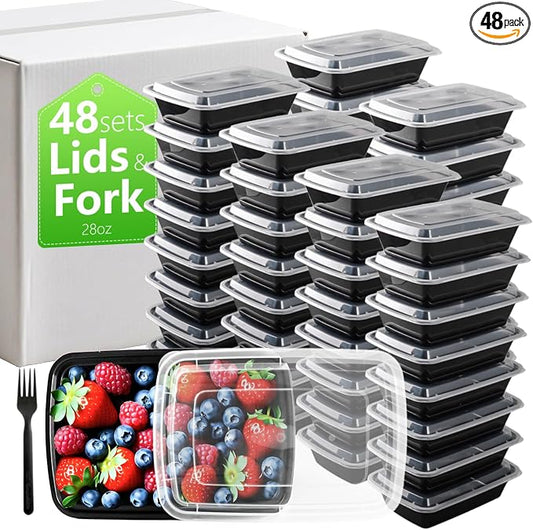 28oz Meal Prep Containers Bulk 48 Set with Forks and Lids - To Go Food Containers 1 Compartment Snack Container Reusable Food Storage Containers, Freezer Safe and Leakproof Plastic Lunch Take Out Box by NutriBox