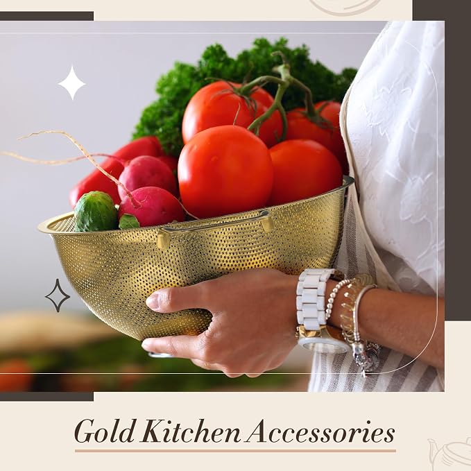 6 Pcs Gold Kitchen Accessories Set Includes 3 Gold Mixing Bowls with Airtight Lids Stainless Steel Colander Grater Slicer and Fine Mesh Strainer(Mixing Bowls: 2.8/3.7/5 Qt, Colander: 4 Qt) - Image 4
