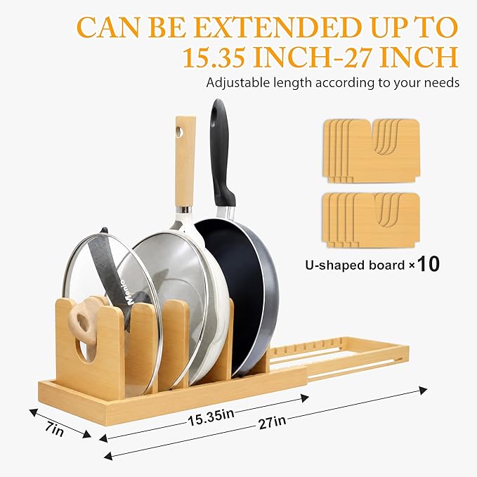 MinBoo Bamboo Expandable Pot Lid Organizer, Pot and Pan Organizer Drawer Organizer for Pot Lids, Adjustable 10 U-Shaped Dividers for Kitchen Cabinet Organizers and Storage (Bamboo-1) - Image 3