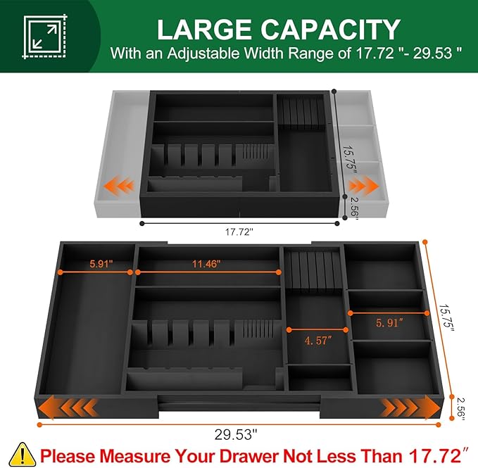 Bamboo Silverware Drawer Organizer, 17.72-29.53 Inch Expandable Large Kitchen Drawer Organizer, 5-8 Slot Flatware with Removable Card Slots & Knife Block for Spoon Butter Knive, Black - Image 2
