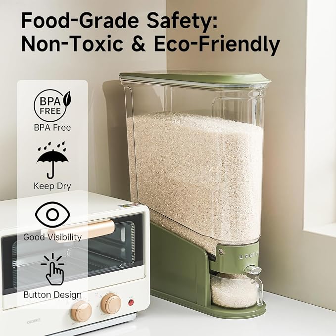 UFORU Slim Rice Dispenser 22 LB,Clear Rice Storage for Small Spaces | Green,BPA-Free Sealed Design for Rice, Grain and Cereal,Rice Container Fits Narrow Pantry Shelves and Countertops - Image 2