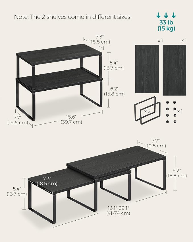 SONGMICS Cabinet Organizer Shelf, Set of 2 Kitchen Counter Shelves, Kitchen Storage, Spice Rack, Stackable, Expandable, Metal and Engineered Wood, 15.6 Inches, Ink Black and Charcoal Black UKCS025B01 - Image 6