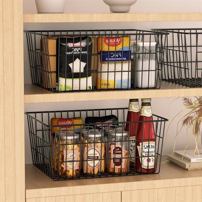 SANNO Freezer Baskets Metal Storage Organizer Bin Basket Wire Storage Basket for Kitchen Pantry Bathroom Large Metal Farmhouse Food Fruit Produce Organizer Bins,black,2 - Image 3