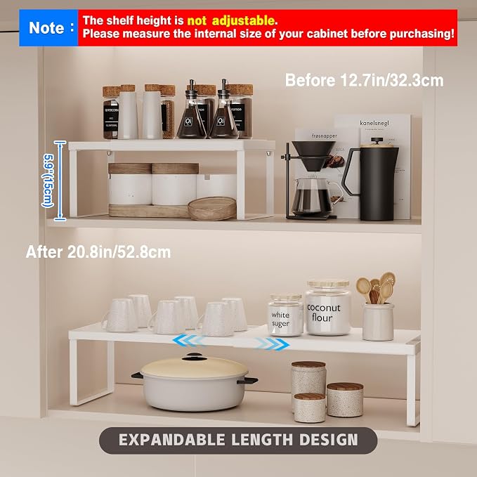 Magheo Expandable Cabinet Shelf Organizer, 2 Pack Stackable Kitchen Counter Shelf Riser, Metal Spice Rack Heavy Duty Countertop Organizer Storage for Kitchen, Pantry, Cupboard, Rv (5.9in Height,White) - Image 2