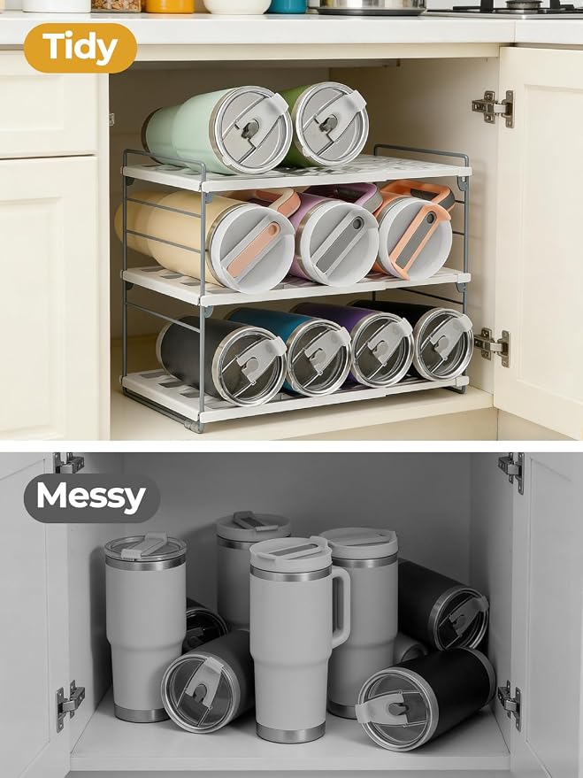 Cirhy 12" Tall 3-Tier Expandable Water Bottle Organizer – Fits 20-40 oz Stanley, Owala, Yeti Tumblers, Shaker Cups & Travel Mugs – Adjustable Storage Rack for Cabinet, Kitchen & Pantry Organization | Adjustable 12" Tall Bottle Rack, Fits 20-40 oz Tumbl... - Image 7