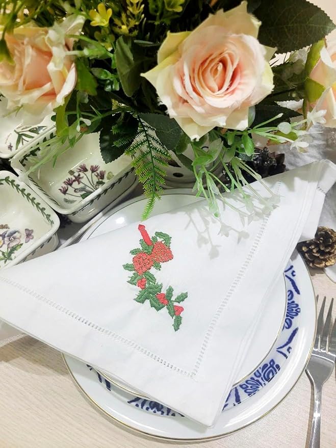 Embroidered Cloth Napkin Strawberry Candle Holly Christmas Cotton Napkins Set of 6, 20 x 20 Hemstitch Table Napkins Machine Washable, Daily & Holidays, Great Gift Ideas - Image 4