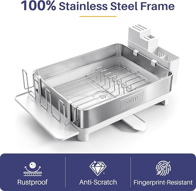 SNTD 304 Stainless Steel Dish Drying Rack for Small Kitchen Counter, White | Rustproof, Large Capacity, Heavy-Duty Frame, Rotating Spout, Angled Drainboard, Removable Cup & Utensil Holder - Image 4