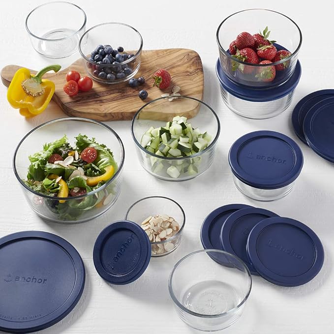 Anchor Hocking 18 Piece Glass Storage Containers with Lids (9 Glass Food Storage Containers & 9 Navy Blue SnugFit Lids) - Image 3