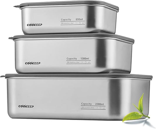 3Pcs Stainless Steel Food Containers,Stainless Steel Containers with Lids,Snack Containers,Lunch Box,Easy Clean,Airtight&Leakproof for Kitchen Storage,Dishwasher Safe,BPA-Free (22oz+44oz+77oz) by Unknown