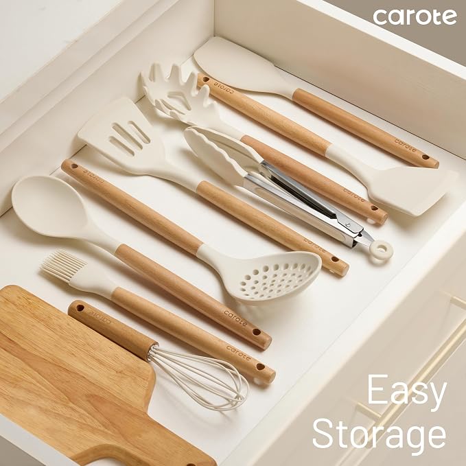 CAROTE 22-Piece Cooking Utensils Set with Wood Cool-Touch Handles, Cream | Silicone Kitchen Utensil, Food Grade, Nonstick Cookware Friendly, BPA-Free, Heat-Resistant, Everyday Home Essentials, Gifts - Image 9