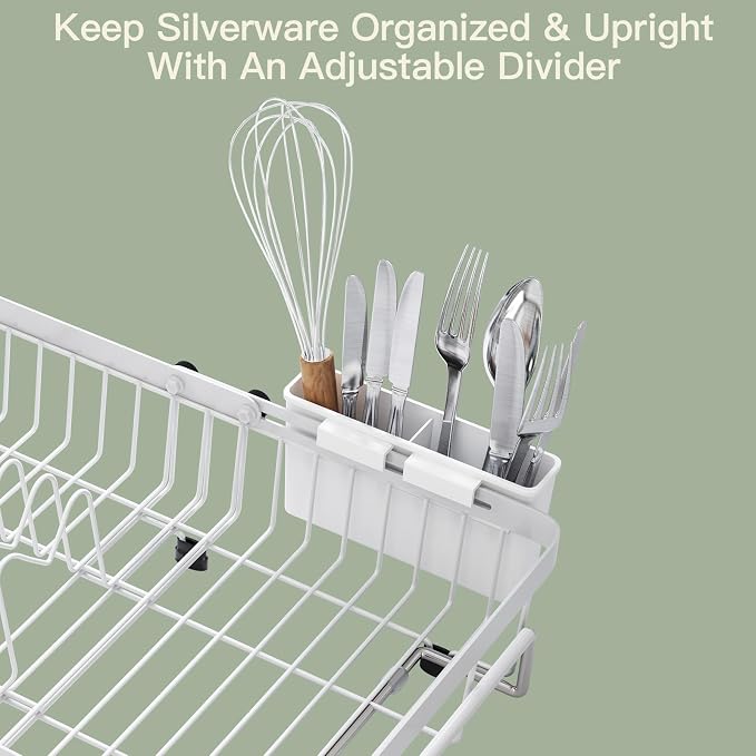White Dish Drying Rack Over The Sink with Utensil Holder | Expandable Stainless Steel Dish Drainer for Small Kitchen, Apartment, RV, Counter Space Saving, Perfect Fit, Rustproof - Image 8