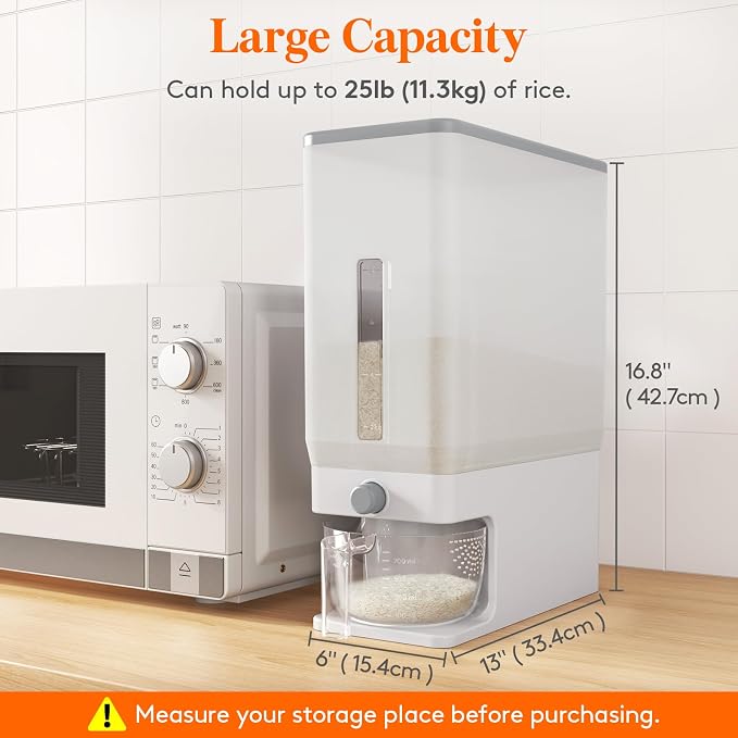 Lifewit Rice Dispenser 25 Lbs, Airtight Storage with Cup, 2 Pack Clear | BPA-Free 11.3kg Capacity Storage Container for Beans, Corn & Other Small Grains, One-Press Dispensing Bin for Kitchen Pantry - Image 3