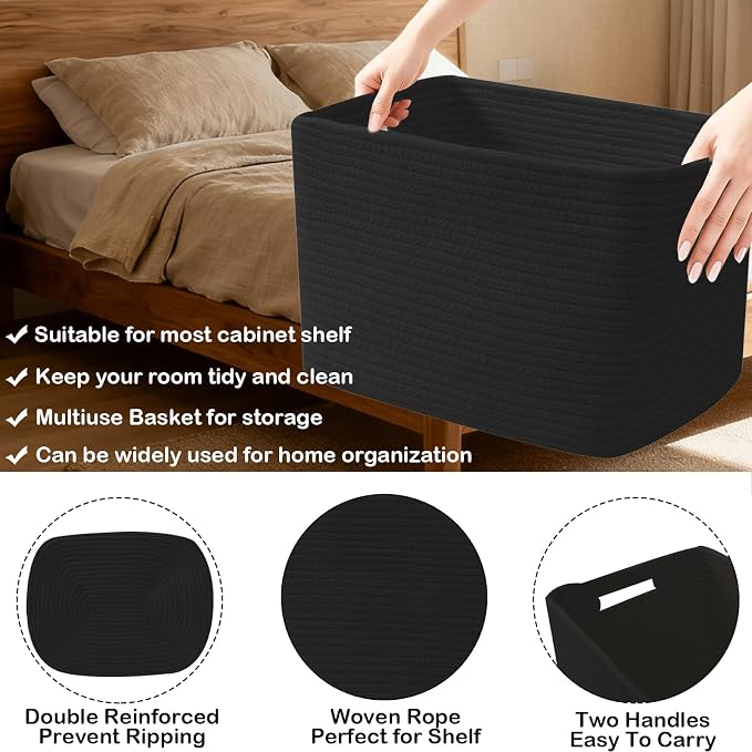 3 Pack Woven Baskets,Storage Baskets for Shelves with Handles | 13.5"×11"×9.5",Closet Baskets,Gift Basket,Nursery Organizer for Toys Towels Books,Storage Bin for Living Room Bedroom-Black - Image 3