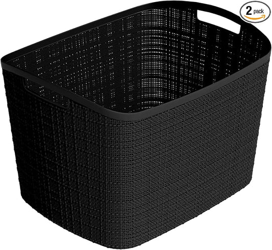 Curver Set of 2 XL 30.5L Jute Decorative Plastic Organization and Storage Baskets - Perfect Bins for Home Office, Closet Shelves, Kitchen Pantry and All Bedroom Essentials, Black by Unknown