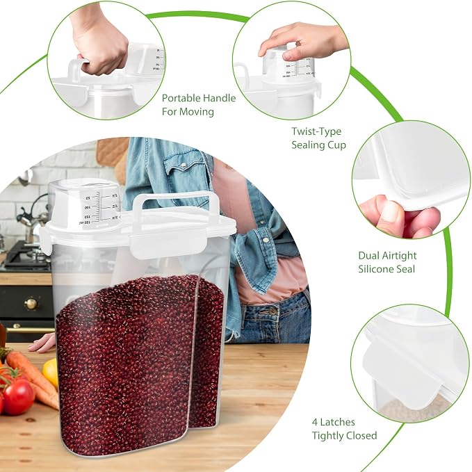 Viretec Rice Storage Container, 5 to 10lb Dry Food Airtight Dispenser, Pet Dog Cat Food Canister, BPA Free Clear Plastic Kitchen and Pantry Organization Bin for Oatmeal, Cereal, Pasta, Flour White - Image 4